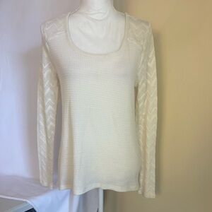 Lucky Brand Cream Ivory Waffle Knit Top XL Boho Chevron Lace Sleeve Thermal